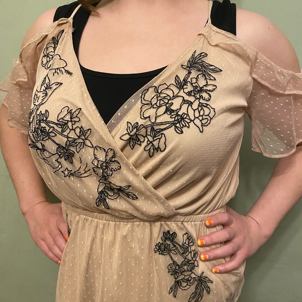 Cream Embroidered Bird Flutter Sleeve